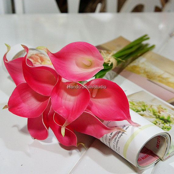 Hochzeit - Fuschia Calla Lilies Real Touch Bridal Bouquet 10pcs/Set Latex Calla Lily