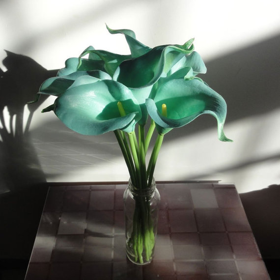 Mariage - 10pcs Teal Calla Lily wedding flowers For Bridal Bouquet Latex Mini Calla Lilies For Wedding Arrangement Flowers