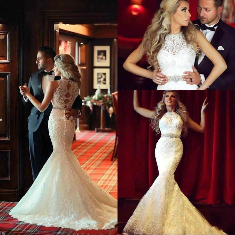 Свадьба - Stunning Mermaid Full Lace Arabic 2016 Wedding Dresses with Crew Neck Sheer Trumpet Beads Sash Custom Bridal Dresses Gowns Hollow Back Online with $141.52/Piece on Hjklp88's Store 