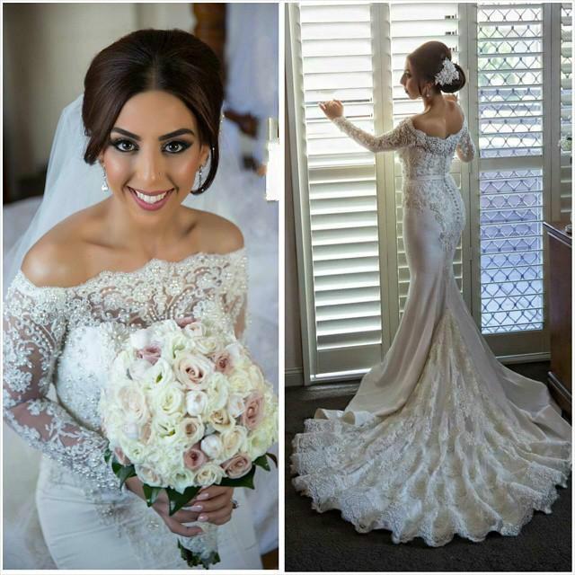 Hochzeit - Luxury Lace Beaded Mermaid Wedding Dresses 2015 Arabic Long Sleeves Sheer Bodice Garden Spring Bateau Neck Court Train Satin Bridal Gowns Online with $132.62/Piece on Hjklp88's Store 