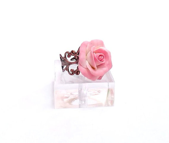 Wedding - Pink Rose Ring, Adjustable Ring, Shabby Chic Cocktail Ring, Handmade Gifts Bridal Jewelry Bridesmaids Accessories