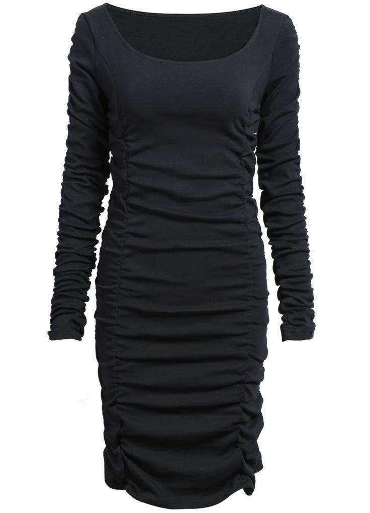 زفاف - Black Long Sleeve Pleated Bodycon Dress -SheIn(Sheinside)