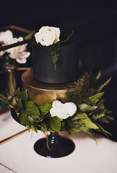 Wedding - Formal Two-Tiered Black And Gold Cake