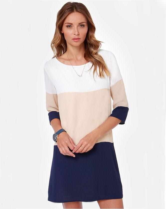 زفاف - White Apricot Navy Color Block Dress - Sheinside.com