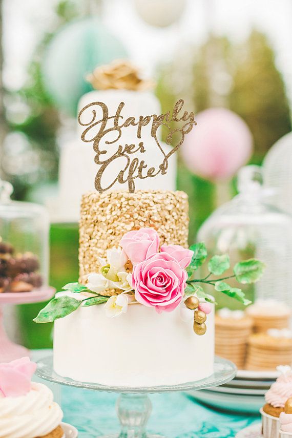 Mariage - Cake Topper For Wedding "Happily Ever After" Design - Glitter Cake Topper In Calligraphy Style For Party, Shower Or Event (Item - CTH800)