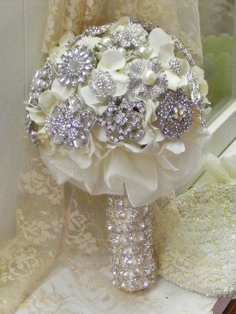 Hochzeit - Brooch Bouquet SMALL - Deposit - Pearls And Rhinestones - Silver -made To Order