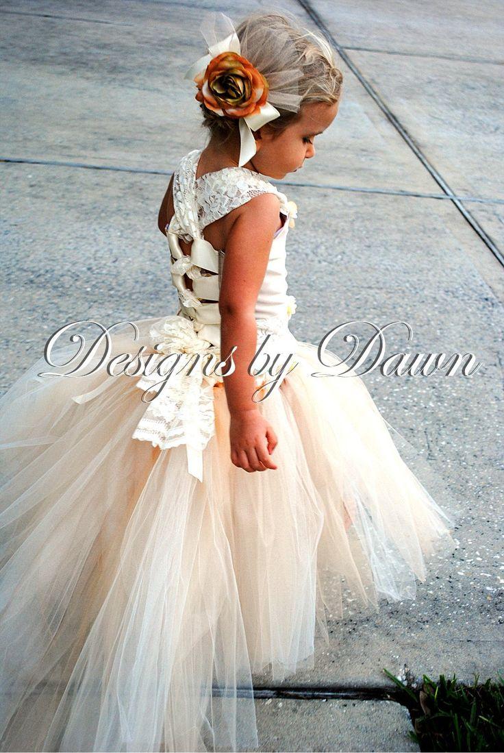 Wedding - Custom Made Champagne Flowergirl Dress With Train. Corset, Tutu Skirt With Train & Hair Clip. Size 6m-5T. Larger Sizes Available