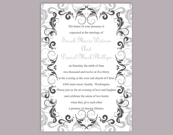 Hochzeit - DIY Wedding Invitation Template Editable Word File Instant Download Printable Silver Invitation Gray Wedding Invitation Black Invitations