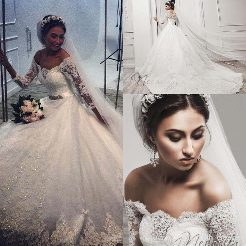 Свадьба - Glamourous 2015 Off-shoulder Long Sleeves Wedding Dresses With Beaded Lace Applique Chapel Train Winter Bridal Ball Gowns Custom Size Online with $145.08/Piece on Hjklp88's Store 