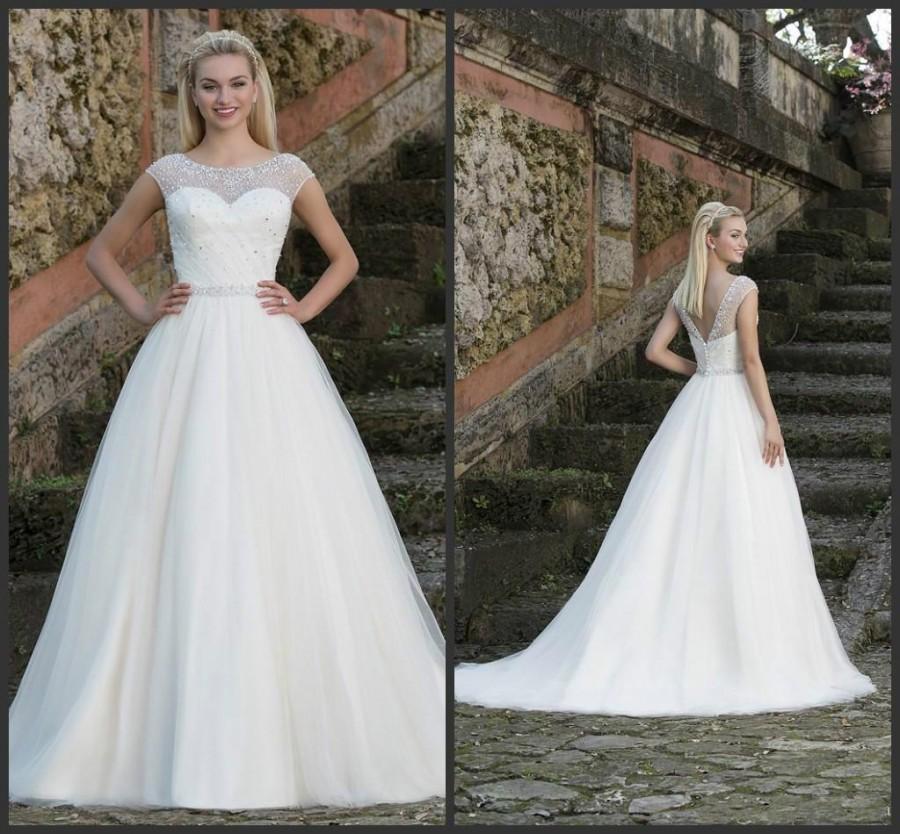 Свадьба - 2016 Sincerity Tulle Wedding Dresses Beaded White Sheer Jewel Neck Ruched Sweep Train Custom Made Bridal Ball Gowns Sleeveless Crystal Sash Online with $129.95/Piece on Hjklp88's Store 