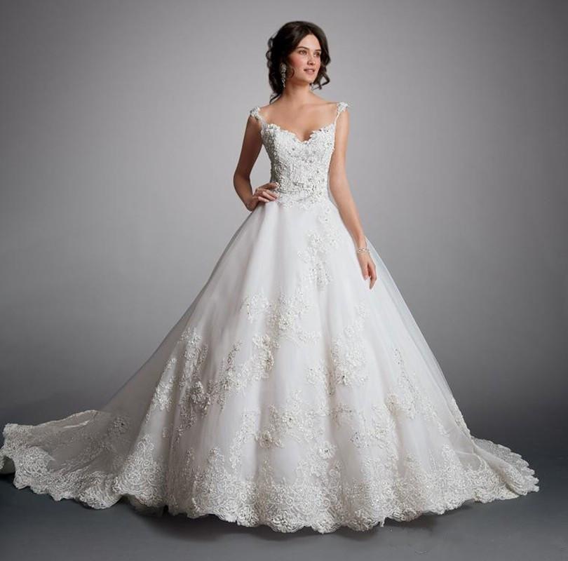 Mariage - New Arrival A Line Lace Wedding Dress 2015 Applique Flower Bridal Dresses Ball Gown Chapel Winter Fall Cap Sleeve V Back Court Train Online with $150.42/Piece on Hjklp88's Store 