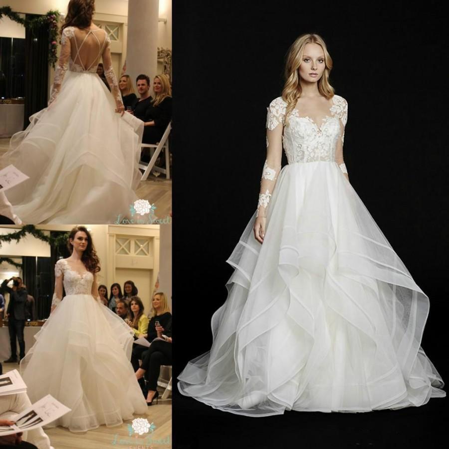 Mariage - Charming Organza 2015 Wedding Dresses A-Line Long Sleeve Illusion Sheer A-Line Sweep Train Appliques Backless Sexy Bridal Ball Gowns Online with $128.17/Piece on Hjklp88's Store 