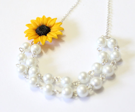 Mariage - Sunflower Necklace - Sunflower Jewelry - Gifts - Yellow Sunflower Bridesmaid, Flower and Pearls Necklace, Bridal Flowers,Bridesmaid Necklace