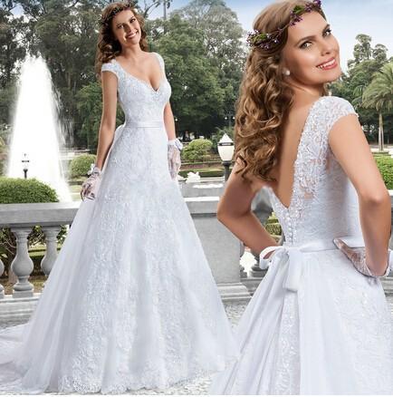 Wedding - Stunning Pure White Lace Wedding Dresses 2015 V-Neck Applique Cap Sleeve Sash A-Line Chapel Train Bridal Ball Dress Gowns Cheap Sheer Online with $129.06/Piece on Hjklp88's Store 
