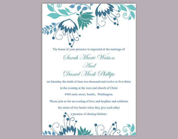Свадьба - DIY Wedding Invitation Template Editable Word File Instant Download Elegant Printable Invitation Blue Wedding Invitation Flower invitation