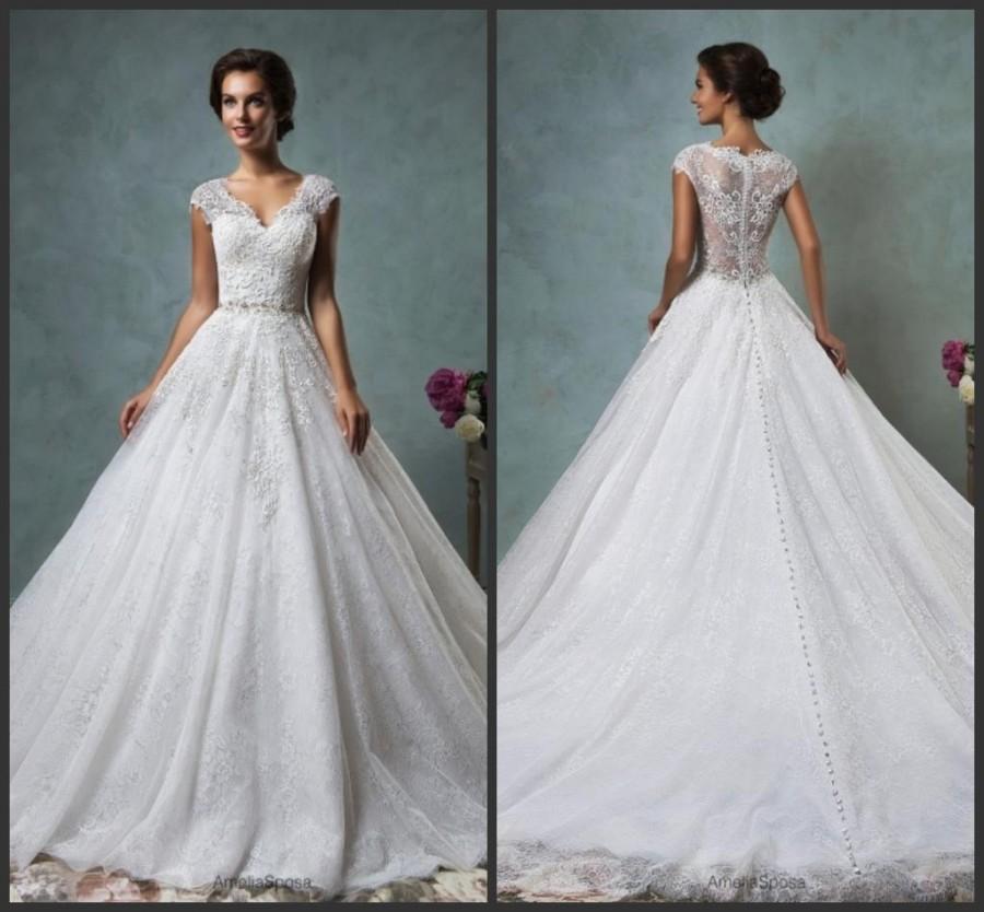 Wedding - Exquisite Lace V-Neck 2016 Wedding Dresses Capped Beads Sash Chapel Train Sleeveless Amelia Sposa White Bridal Dresses Ball Gowns A-Line Online with $131.73/Piece on Hjklp88's Store 