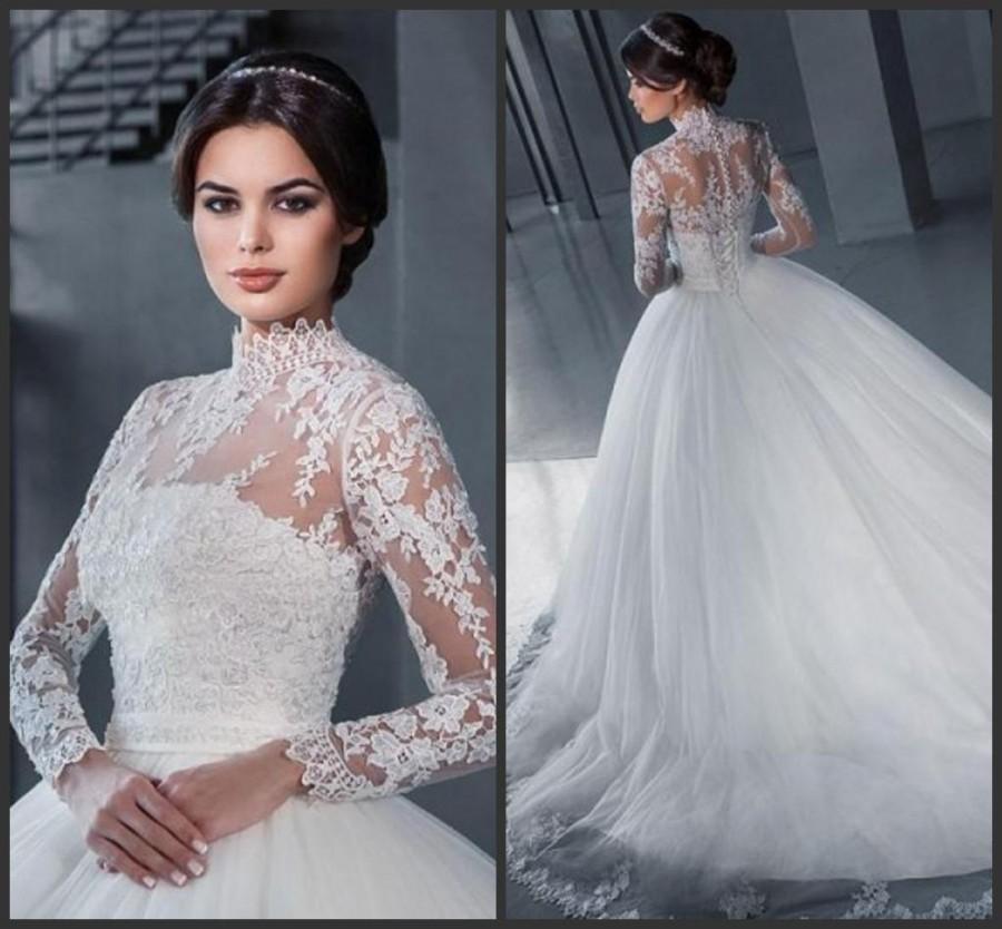 Свадьба - Elegant High Neck Wedding Dresses With Wrap A-Line 2016 Long Sleeve Sheer Applique Tulle Bridal Ball Gowns A-Line Chapel Train Custom Online with $138.85/Piece on Hjklp88's Store 