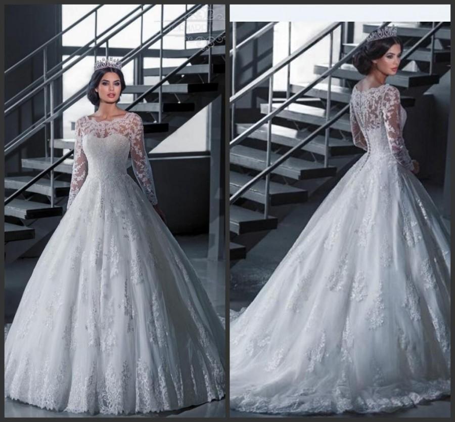 Wedding - Vintage Illusion Long Sleeve Wedding Dresses 2016 Winter Fall Scoop Sheer Applique Tulle Bridal Ball Gowns A-Line Chapel Train Custom Online with $141.52/Piece on Hjklp88's Store 