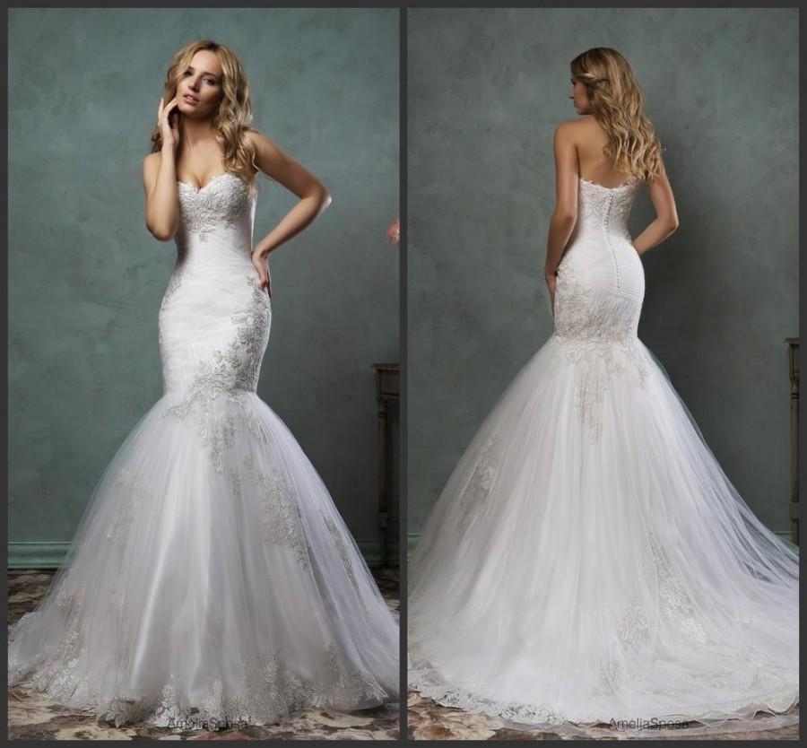 Wedding - New Arrival Mermaid White 2016 Amelia Sposa Lace Wedding Dresses Tulle Trumpet Applique Bridal Gowns Dress Sweep Train Pleated Online with $125.5/Piece on Hjklp88's Store 