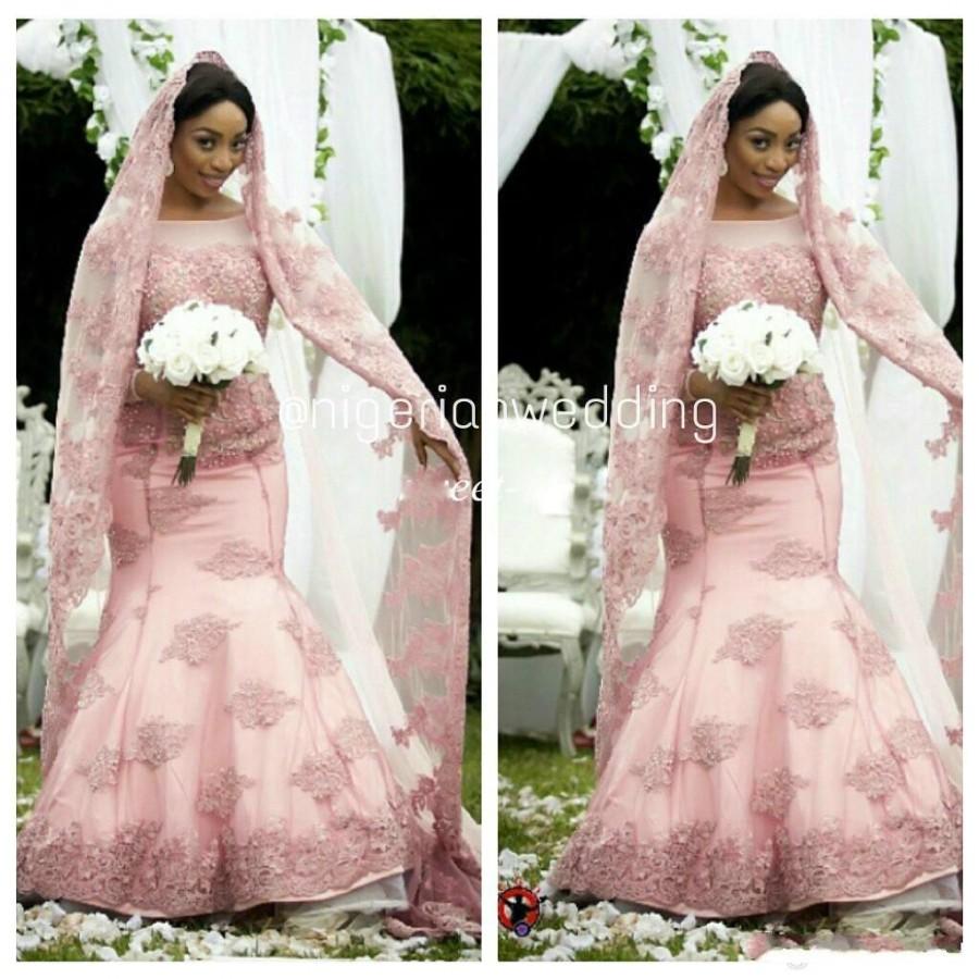 زفاف - 2015 Blush Pink Winter Plus Size Wedding Dresses Mermaid Long Sleeve Train Bateau Sheer Neck Applique Cheap Vintage Lace Bridal Dress Gown Online with $131.73/Piece on Hjklp88's Store 