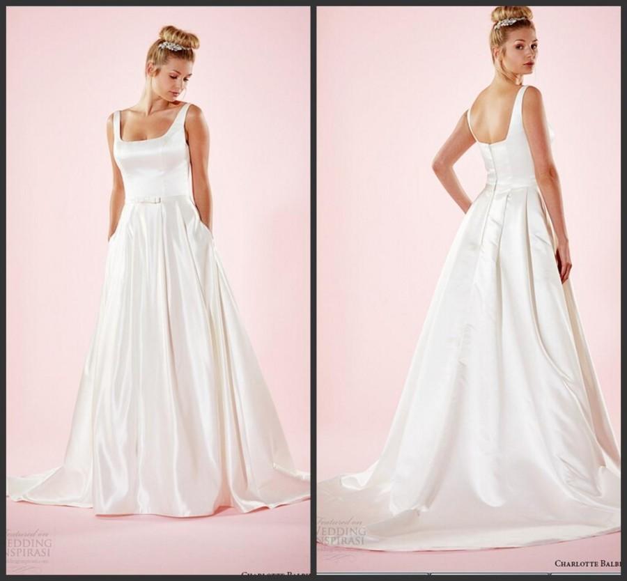 Hochzeit - Simple Style Wedding Dresses Square Neckline Satin Sleeveless Cheap Plus Size Sash Bridal Dresses Ball Gowns Chapel Train A-Line Custom Online with $122.83/Piece on Hjklp88's Store 