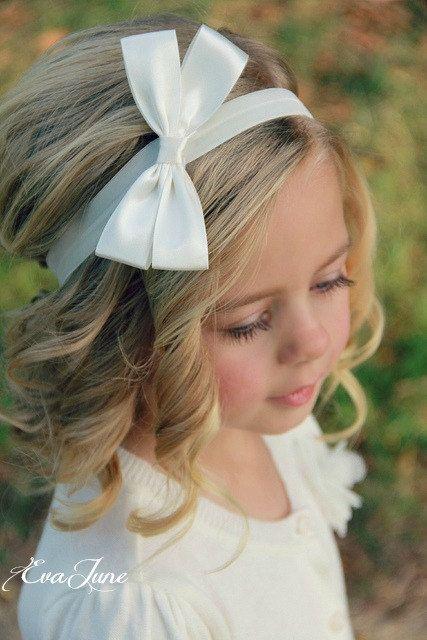 Свадьба - Flower Girl Headband - Satin Hair Bow - White Hair Bow - Ivory Hair Bow Clips - Children's Head Piece- First Communion - Girls Headband