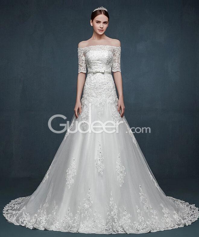 Hochzeit - A Line Vintage Off the Shoulder Half Sleeves Lace Wedding Dress
