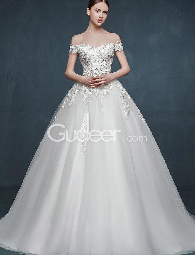 زفاف - A Line Stunning Off the Shoulder Corset Lace Tulle Wedding Dress