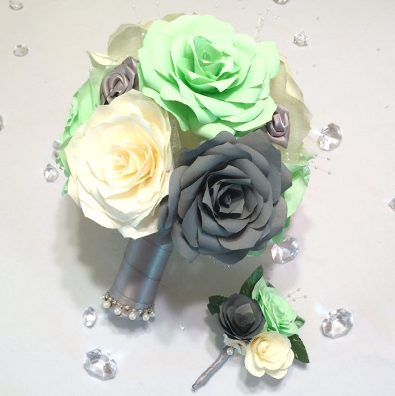 Hochzeit - Mint green, grey and ivory handmade paper Rose bouquet and matching boutonniere, Can be made in colors of your choice, Keepsake toss bouquet