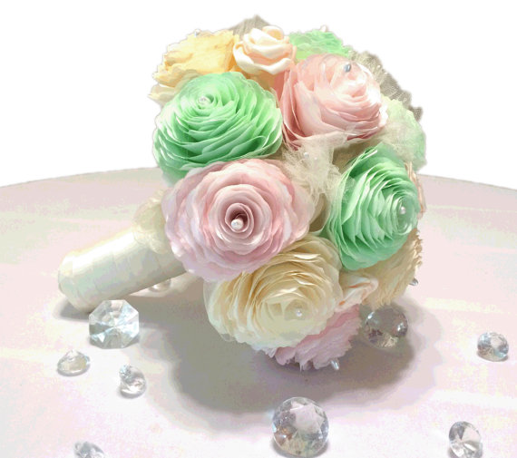 Hochzeit - Customizable handmade Bridal bouquet in Mint green, blush and ivory aritificial paper Peonies, satin rosebuds and an organza brooch flower