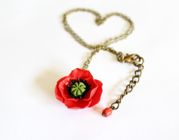 Mariage - Necklace Red Poppy - Poppy Pendant, Love necklace bride necklace girl, flower jewelry, red bride jewelry