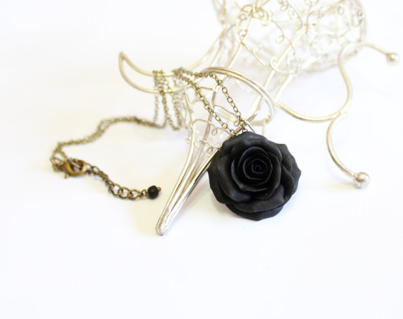 Hochzeit - Necklace - Black rose Pendant, Rose Charm, Bridesmaid Necklace, Flower Girl Jewelry, Black rose Bridesmaid Jewelry, Black Wedding Jewelry