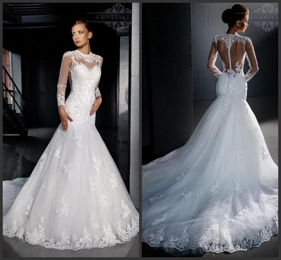 Mariage - Vintage Long Sleeve Mermaid Wedding Dresses Full Lace Covered Button 2015 Sheer Applique Illusion Tulle Bridal Dresses Gown Chapel Train Online with $128.17/Piece on Hjklp88's Store 