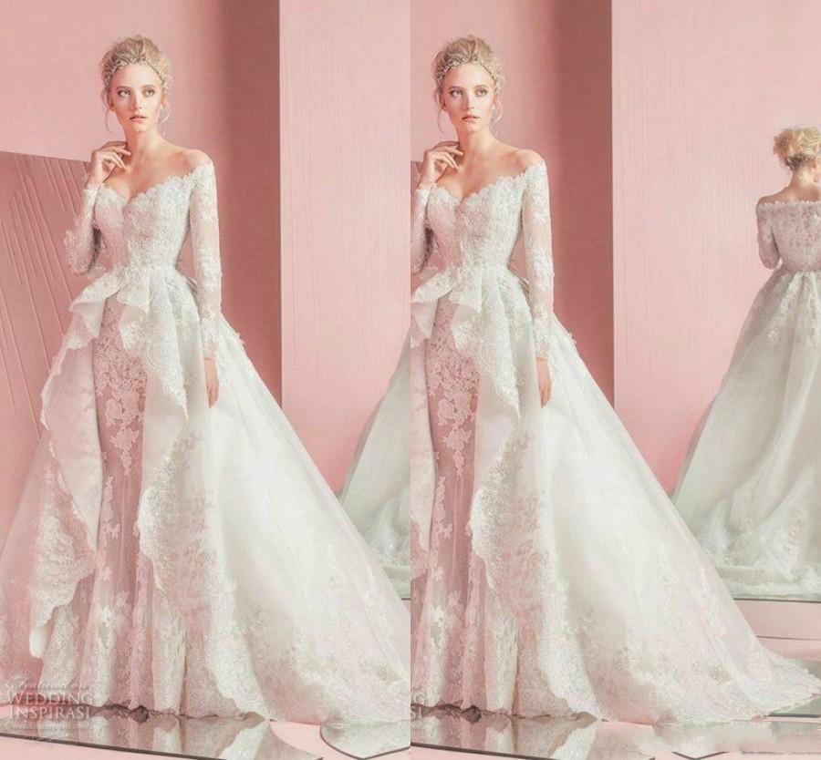 زفاف - Sexy 2015 Winter Zuhair Murad Long Sleeve Wedding Dresses A Line Off Shoulder Full Lace Peplum Skirt Sweep Train Lace Bridal Ball Gowns Online with $134.4/Piece on Hjklp88's Store 