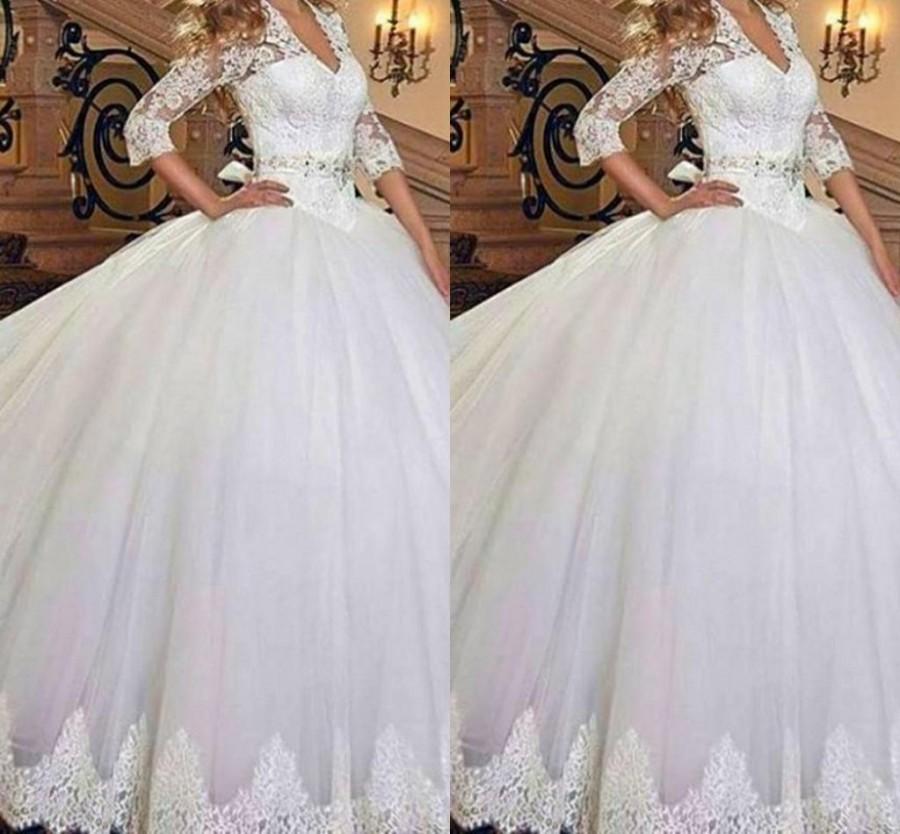 Свадьба - Elegant 3/4 Long Sleeve Wedding Dresses Ball Gown 2015 A-Line Lace Applique Pleats with Sash Chapel Train Ball Dresses Bridal Gowns Online with $136.18/Piece on Hjklp88's Store 
