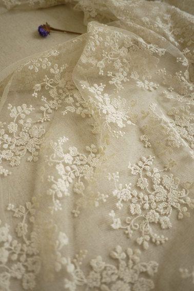زفاف - Beige Wedding Fabric, French Embroidered Lace, Bridal Lace Fabric, Wedding Dress Lace, Apparel Curtain Fabric- 1/2 Yard Lace