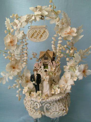 زفاف - Magnificent Antique Victorian Wedding Cake Topper Dresden Ornament House Xmas