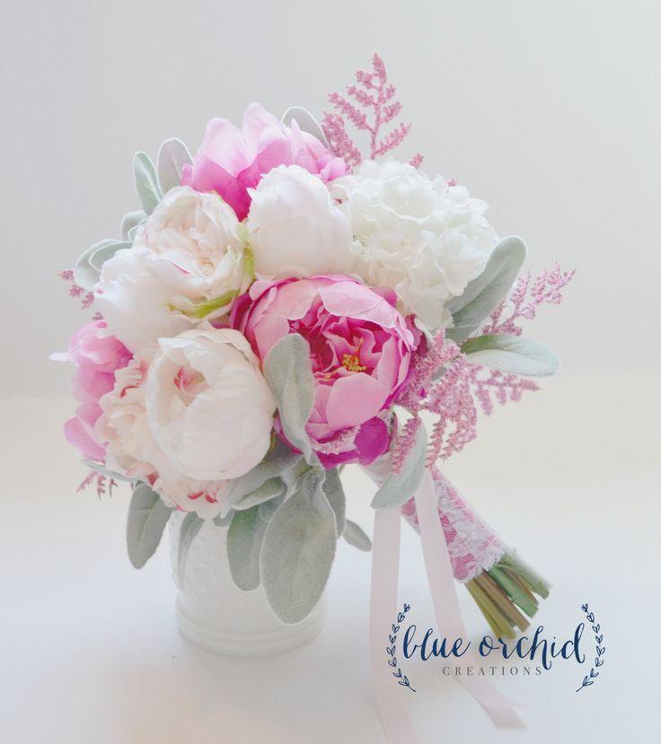 Hochzeit - Pink And Cream Peony Bouquet With Lambs Ear And Pink Statice Silk Wedding Bouquet Bridal Bouquet