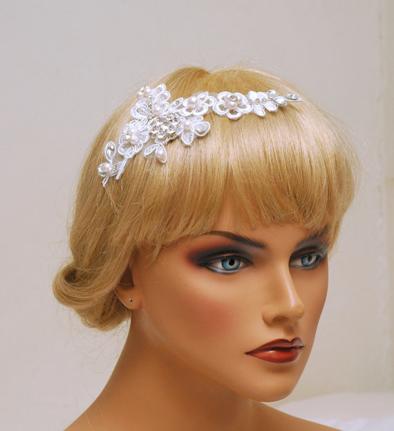 Hochzeit - Bridal Lace Headpiece, Bridal Headpiece, Bridal Sash, Pearl Wedding Headband, Wedding Hair Jewelry, Bridal Dress, Ayansi