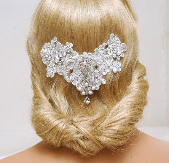 Mariage - Lace Bridal Headpiece,Crystal and Pearl Wedding Headband, Wedding Gown, Wedding Hair Jewelry, Pearl Hair comb, Weddings Accessories, Ayansi
