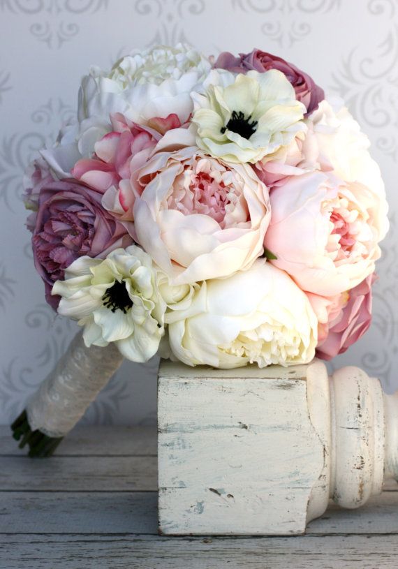 Wedding - Silk Bride Bouquet Peony Flowers Pink Cream Purple Shabby Chic Wedding Decor (Item Number 140291)