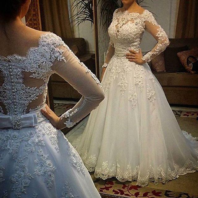 Свадьба - Real Picture Vestido De Noiva Wedding Dresses Ball Gown Sheer 2015 Scoop Appliques Tulle Lace Pearls Long Sleeves Bridal Gown Dresses Custom Online with $132.62/Piece on Hjklp88's Store 