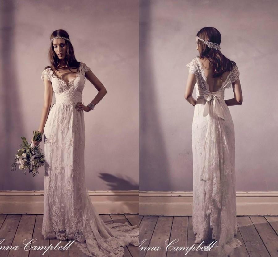 Wedding - Exquisite Anna Campbell Lace Bohemian Wedding Dresses V Neck Empire Cap Sleeves Sweep Length Backless Bridal Dresses Ball Gowns A-Line Online with $124.61/Piece on Hjklp88's Store 