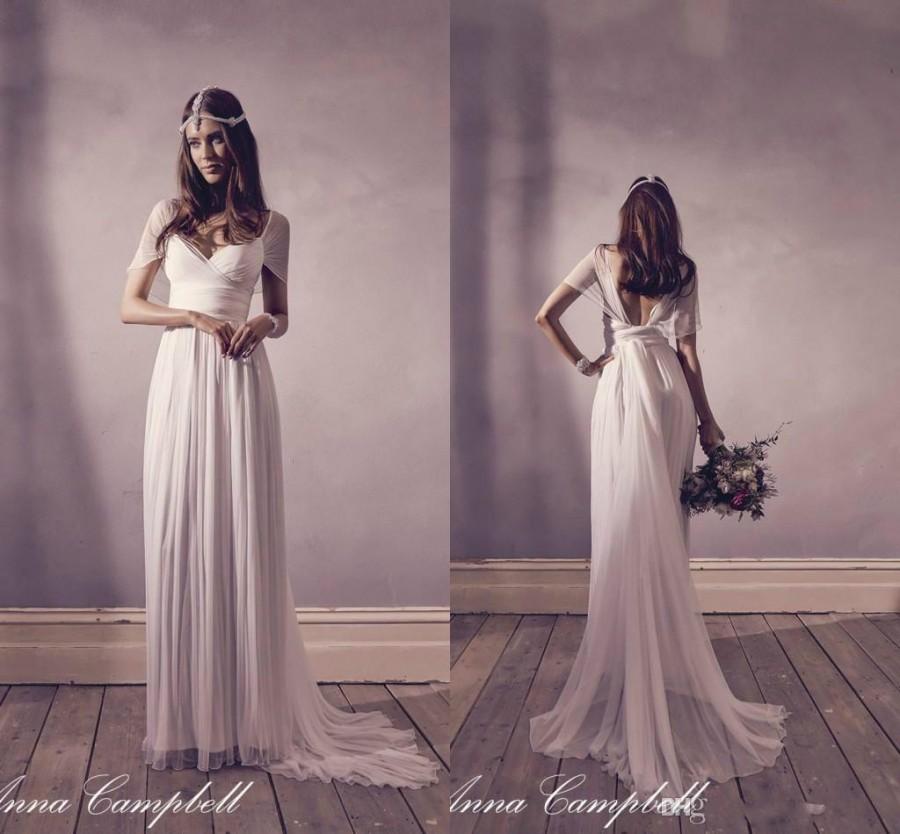 Mariage - Elegant Anna Campbell Bohemian Beach 2016 Wedding Dresses V Neck Empire Cap Sleeves Chiffon Floor Length Backless Bridal Dresses Ball Gowns Online with $115.71/Piece on Hjklp88's Store 