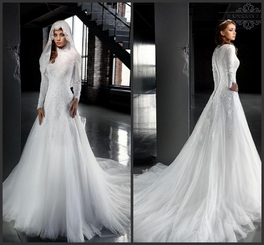 Wedding - Fashion Muslim Wedding Dresses 2016 With High Neck Long Sleeve Tulle Arbic Lace Applique A Line Winter Bridal Ball Gowns Sweep Train Custom Online with $126.39/Piece on Hjklp88's Store 