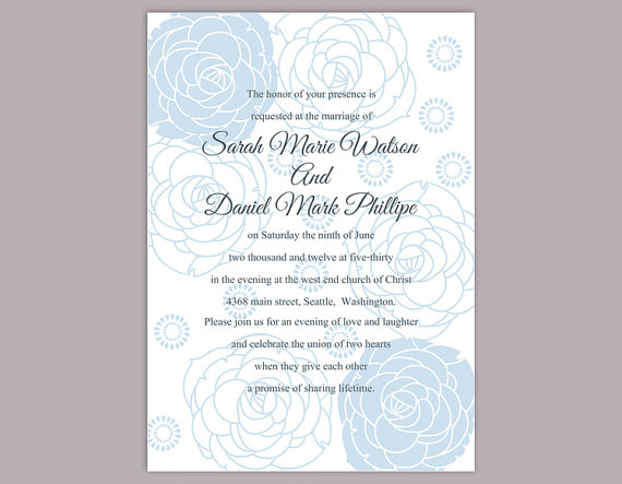 Mariage - DIY Wedding Invitation Template Editable Word File Instant Download Printable Invitation Blue Invitation Flower invitation Rose invitation
