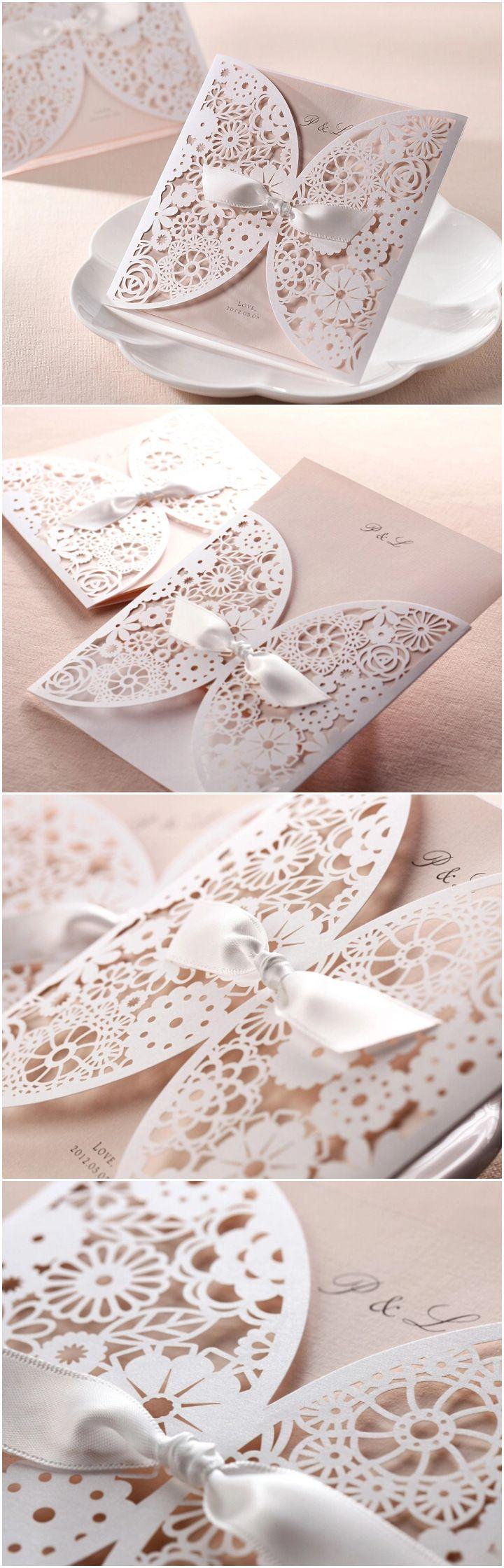 Hochzeit - Affordable Romantic Laser Cut Blush Pink Lace Wedding Invitation EWWS001