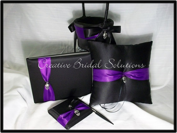 زفاف - Items Similar To Black And Purple Gothic Wedding Ring Pillow, Flower Girl Basket, Guest Book And Pen- The Romona Set On Etsy