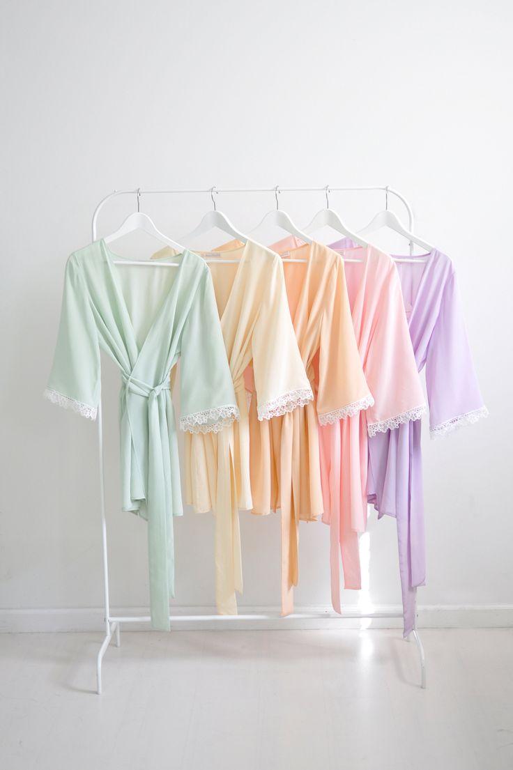 Hochzeit - Val Bridesmaids Robes Kimonos Silk & Lace In Spring Pastel Colors