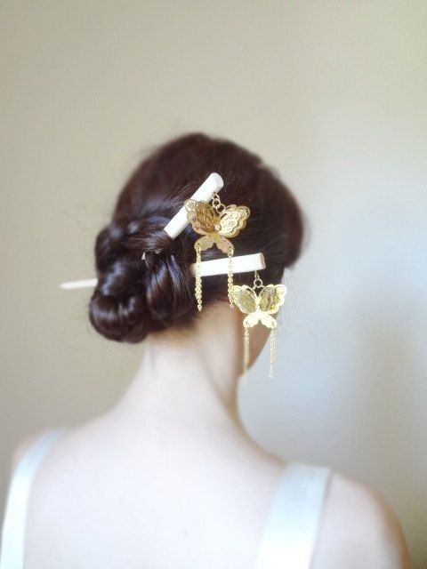 Wedding - Gold Butterfly Hair Sticks Kanzashi Japanese Hair Pin